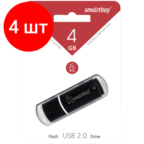 Комплект 4 шт, Память Smart Buy Crown 4GB, USB 2.0 Flash Drive, черный usb флеш накопитель smart buy scout 4 гб пластик голубой 1 шт