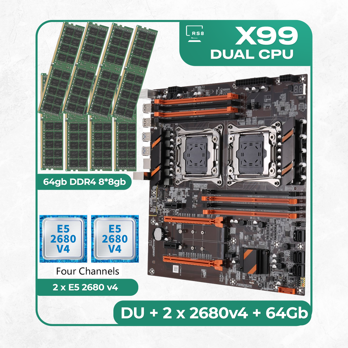 Комплект материнской платы X99: ZX-DU99D4 + 2 x Xeon E5 2680v4 + DDR4 64Гб 8х8Гб