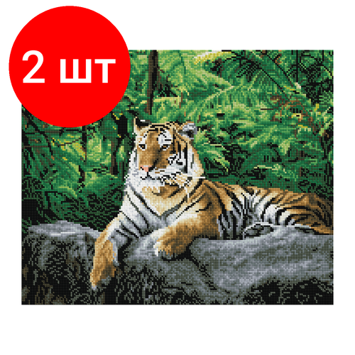 Комплект 2 шт, Алмазная мозаика ТРИ совы Тигр в джунглях, 40*50см, холст, картонная коробка с пластиковой ручкой алмазная мозаика три совы тигр в джунглях