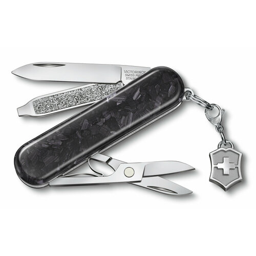 Нож перочинный Victorinox Classic Brilliant Carbon (0.6221.90) 58мм 5функц. черный/серебристый подар. коробка нож перочинный victorinox classic brilliant carbon 0 6221 90 58мм 5функц черный серебристый подар коробка