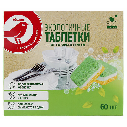 Таблетки для посудомоечных машин ашан Красная птица без фосфатов и хлора, 60 шт