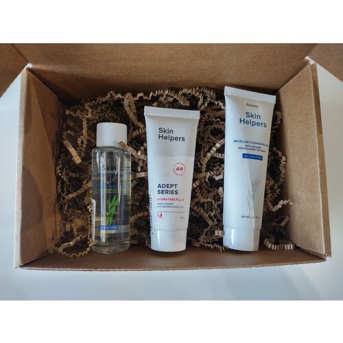 Дорожный набор SKIN HELPERS Набор Флюид для лица увлажняющий, 15 мл + Тоник для лица балансирующий, 30 мл + Гель для лица очищающий 30 мл косметичка В подарок!