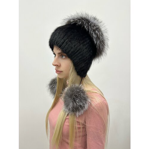 шапка ушанка женская зимняя вязаная из 100% натурального меха чернобурки Шапка МАШЕНЬКА, размер 58, черный