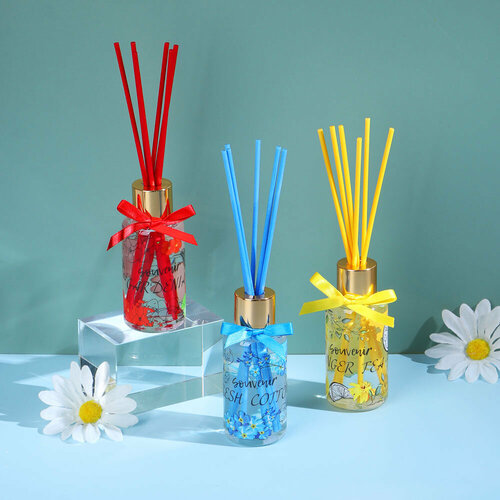 LADECOR Аромадиффузор с цветными палочками, Путешествия, 50 мл Свежесть хлопка/Гардения/Имбирный чай, 6 штук
