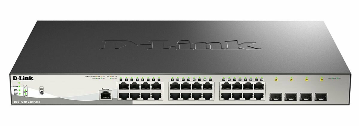 Коммутатор D-Link DGS-1210-28MP/ME/B2A, PROJ L2 Managed Switch with 24 10/100/1000Base-T ports and 4 1000Base-X SFP ports (24 PoE ports 802.3af/802.3at (30 W), PoE Budget 370 W).16K Mac address, 802. - фото №1