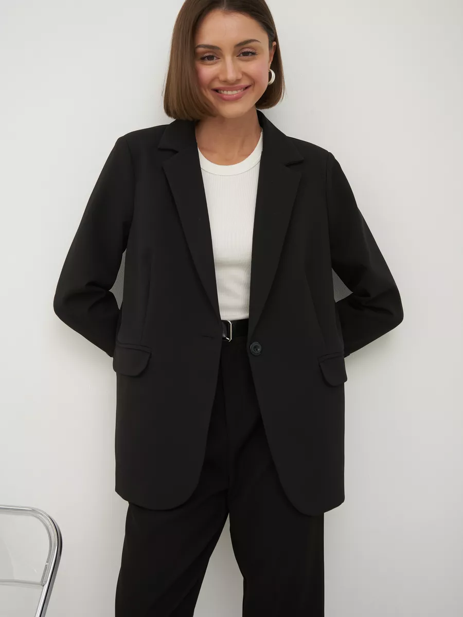Пиджак женский оверсайз черный жакет офисный летний базовый