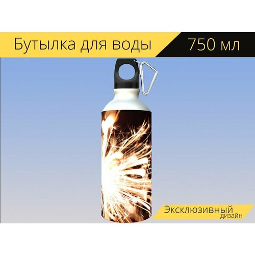 фото Бутылка фляга для воды "бенгальский огонь, звездный огонь, спрей свеча" 750 мл. с карабином и принтом lotsprints
