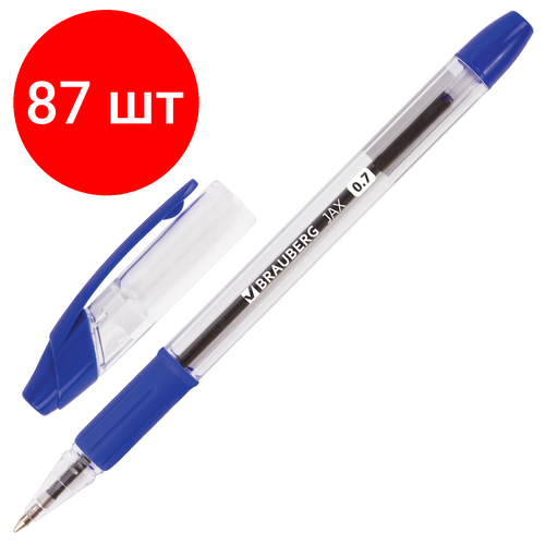 Комплект 87 шт, Ручка шариковая с грипом BRAUBERG Samurai, синяя, корпус прозрачный, узел 0.7 мм, линия письма 0.35 мм, 141149