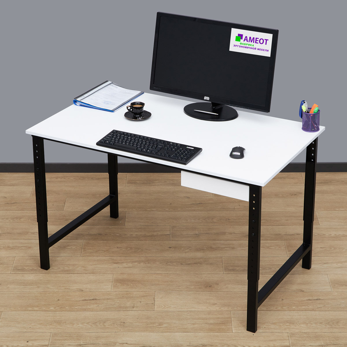 фото Регулируемый по высоте стол с ящиком Мадий 15W ш120/г70/в61-91 белый/черный на металлокаркасе