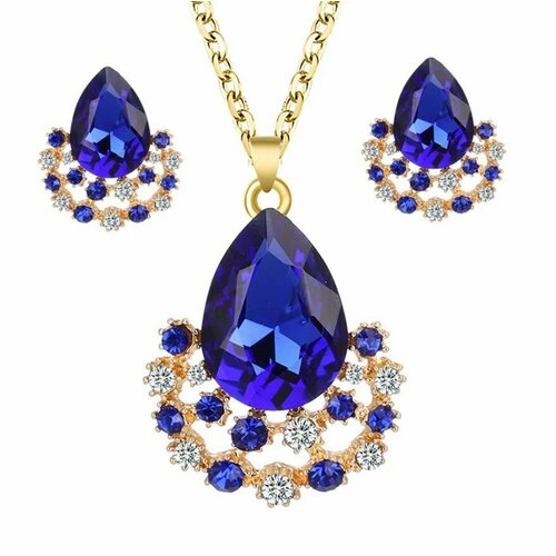 фото Комплект бижутерии: подвеска, цепь, серьги, горный хрусталь, размер колье/цепочки 50 см, синий, белый digitaling