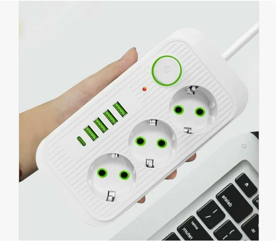 Удлинитель, Сетевой фильтр 3 розетки, 4 USB, 1 Type-C ,5 метра, выключатель, Черный — фото 2