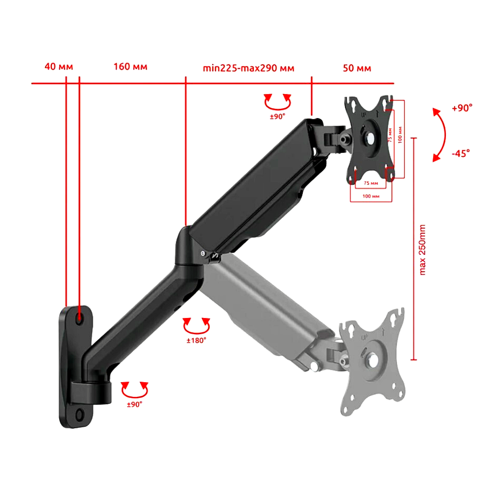 Кронейн для телевизора или монитора на стену наклонно-поворотный газлифт с диагональю 17"-32" UniTeki FMG150 черный
