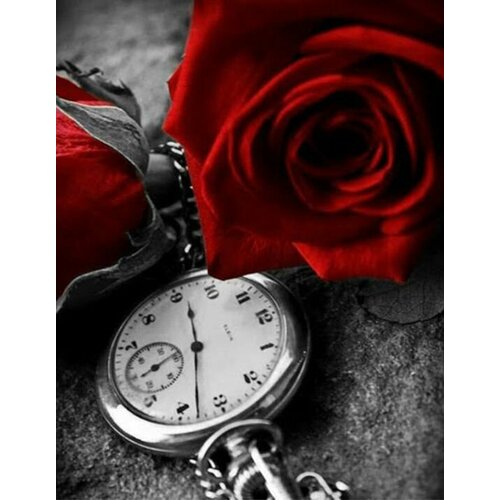 Алмазная мозайка (картина) без подрамника Красная роза и часы. Размер готовой картины 30*40 см, холст 35*45 см