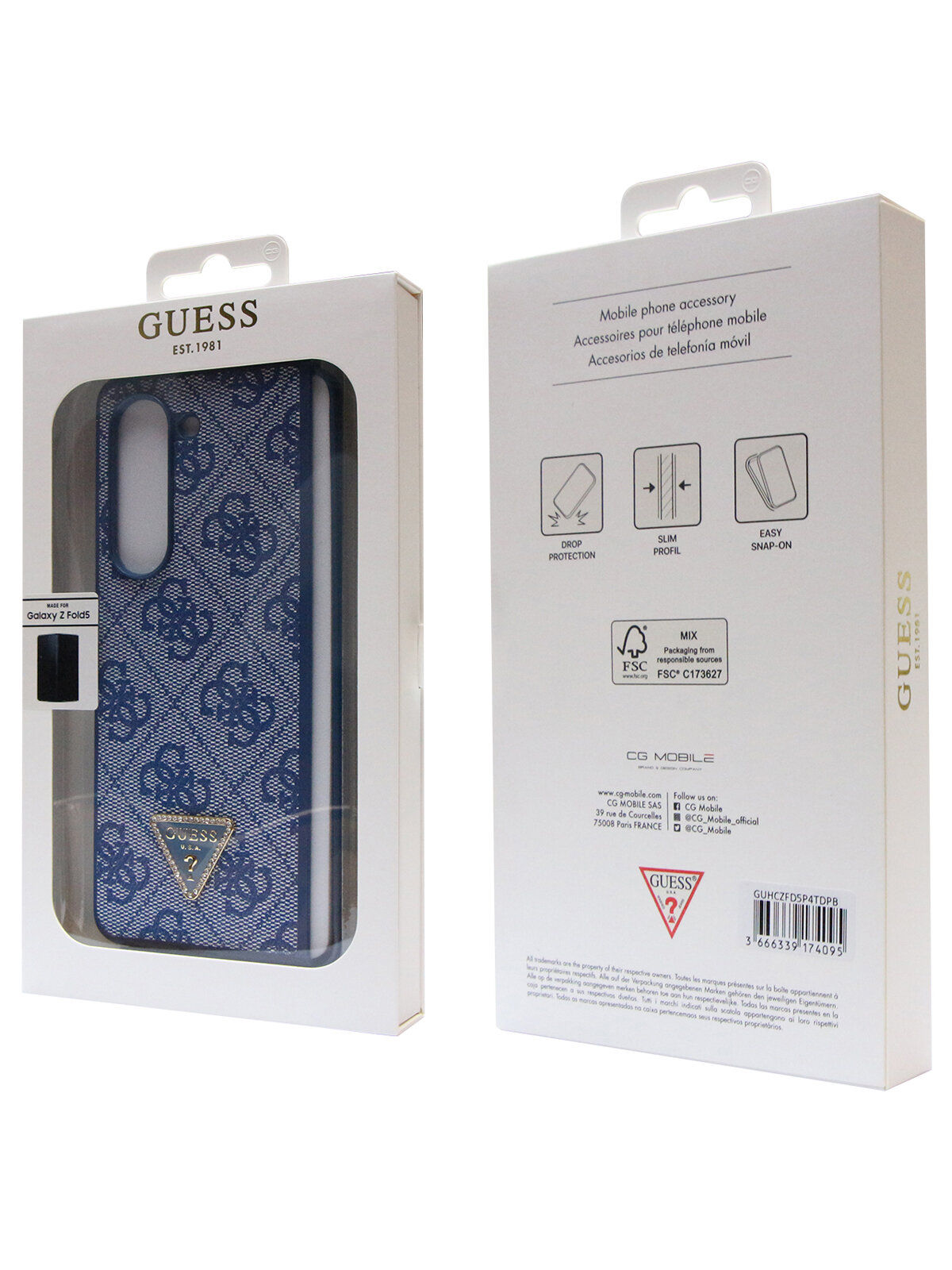 Guess для Galaxy Z Fold5 чехол PU 4G Triangle Diamond metal logo Hard Blue