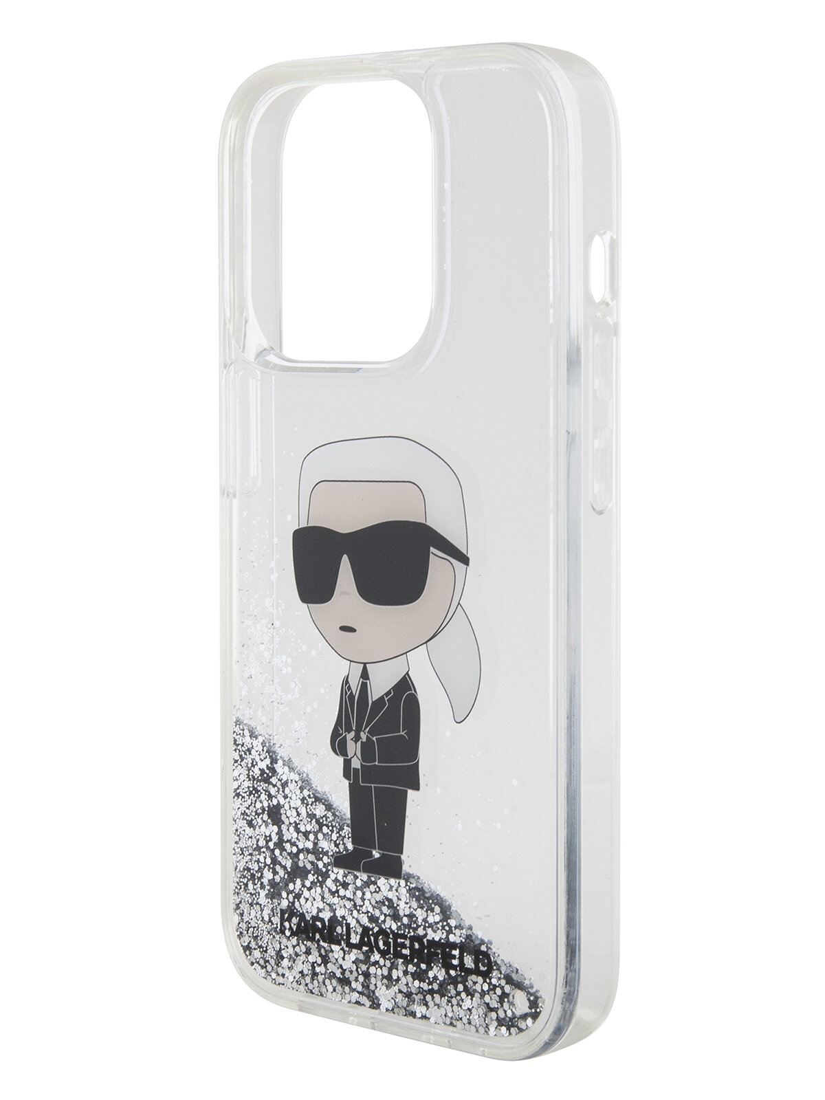 Lagerfeld для iPhone 15 Pro чехол Liquid Glitter NFT Karl head Hard Silver