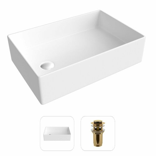 Накладная раковина в ванную Helmken 51861000 комплект 2 в 1: умывальник прямоугольный 61 см, донный клапан click-clack в цвете золото