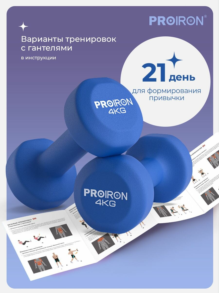 Гантели 4 кг 2 шт неопреновые PROIRON, набор для фитнеса, синие