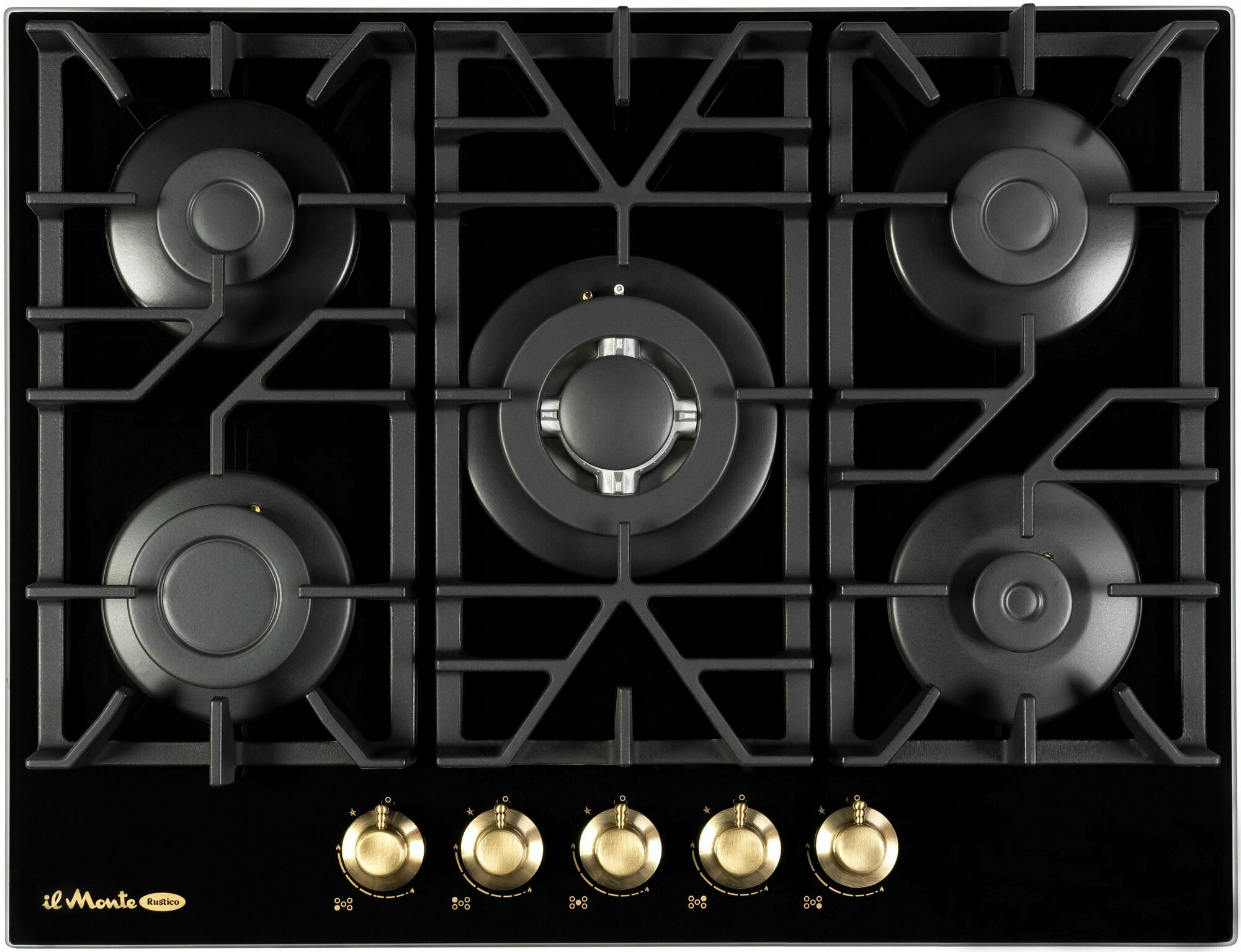 фото Варочная панель газовая, Закаленное стекло, 70 см, 5 Конфорок, Газ-контроль, Турбо-конфорка WOK, Автоподжиг, Чугунные решетки, il Monte BH-712G-RUSTICO
