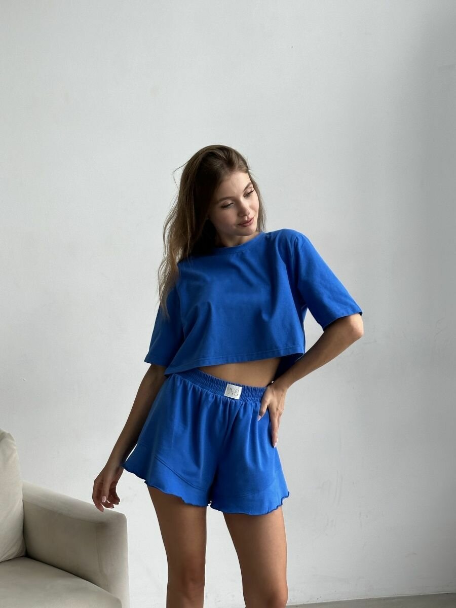 Женская пижама с шортами и футболкой из хлопка размер xs-s синяя - фотография № 15