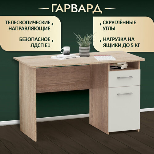 Стол компьютерный письменный рабочий офисный для школьника прямой с ящиками Гарвард прямой 120 1 дверь 1 ящик дуб сонома белый бежевый, белый, дуб, дуб светлый