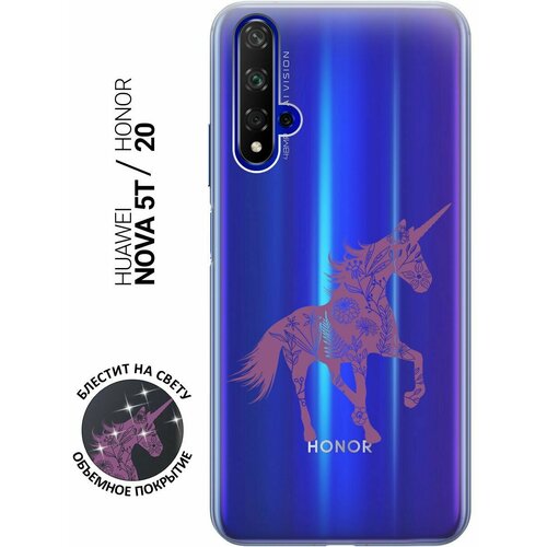 Силиконовый чехол на Honor 20, Huawei Nova 5T, Хонор 20, Хуавей Нова 5Т с 3D принтом Floral Unicorn прозрачный re pa чехол накладка soft sense для honor 20 huawei nova 5t с 3d принтом unicorn розовый