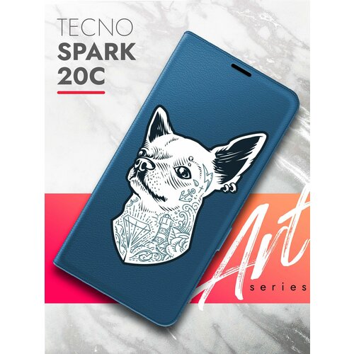 Чехол на Tecno Spark 20C (Техно Спарк 20С) синий книжка эко-кожа с функцией подставки и магнитами Book Case, Brozo (принт) Собака с тату чехол на tecno spark 20c техно спарк 20с синий книжка эко кожа с функцией подставки и магнитами book case brozo принт котик пьет