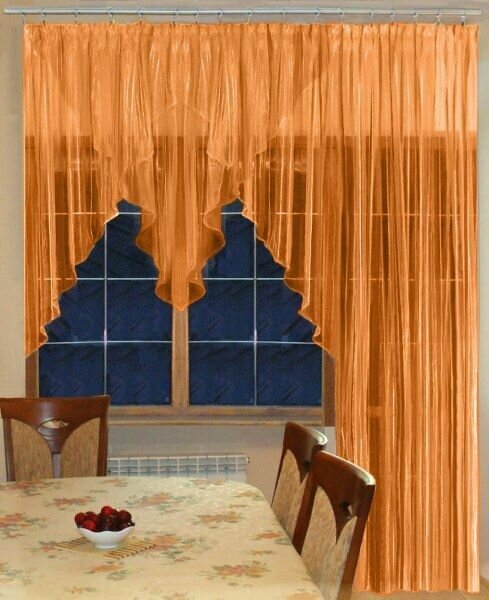 Тюль для окна с балконом на кухню и комнату на ленте ТРИО-1 цвет оранжевый шир. 300 см выс. 270 см
