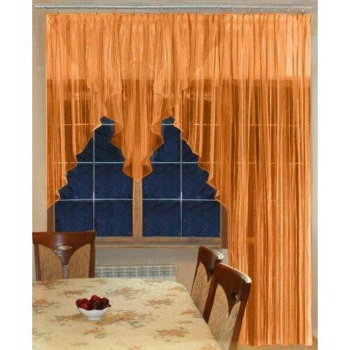Тюль для окна с балконом на кухню и комнату на ленте ТРИО-1 цвет оранжевый шир. 300 см выс. 250 см