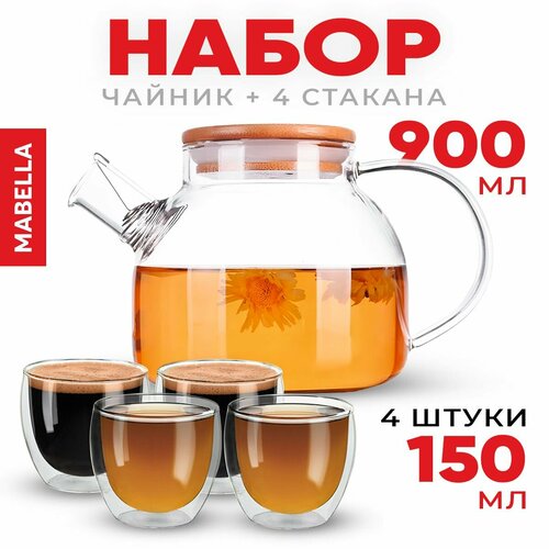 Mabella, Сервиз чайный с чайником, набор чайный, набор чайник и чашки стеклянный, чайник заварочный стеклянный 