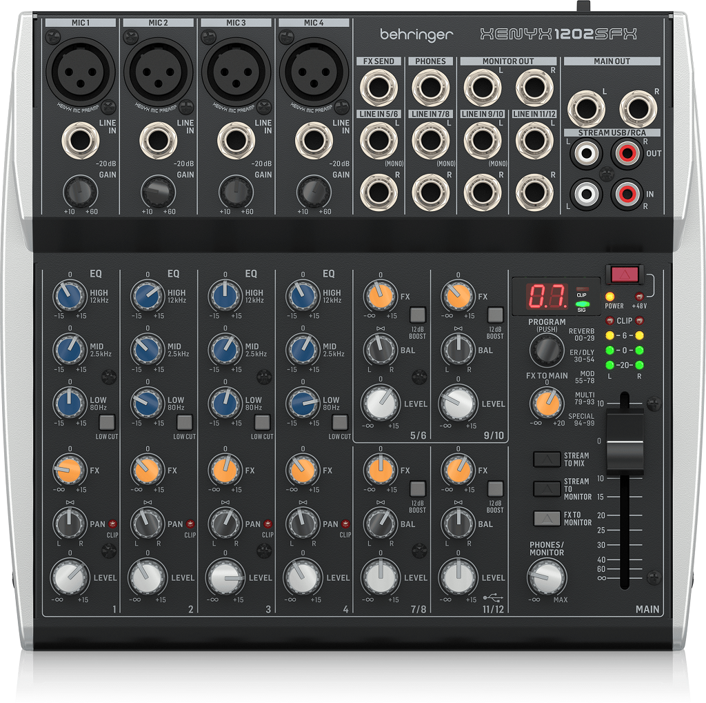 Behringer XENYX 1202SFX аналоговый микшер 12 каналов. Входы: микрофонные входы (4xXLR) линейные входы (4x1/4" TRS) стереовходы (4x1/4" TRS) STREAM