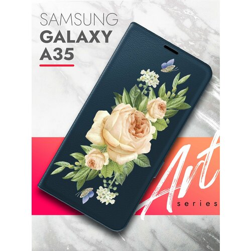 Чехол на Samsung Galaxy A35 (Самсунг Галакси А35) синий книжка эко-кожа подставка отделение для карт магнит Book case, Brozo (принт) Бежевые Розы чехол на samsung galaxy a35 самсунг галакси а35 синий книжка эко кожа подставка отделение для карт магнит book case brozo принт капибара