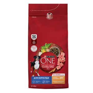 PURINA ONE 1,8 кг сухой корм для взрослых собак средних и крупных пород, с высоким содержанием курицы и с рисом