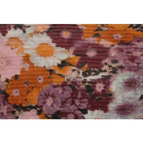 Ткань Шифон плиссе лилово-оранжевые цветы, ш145см, 0,5 м