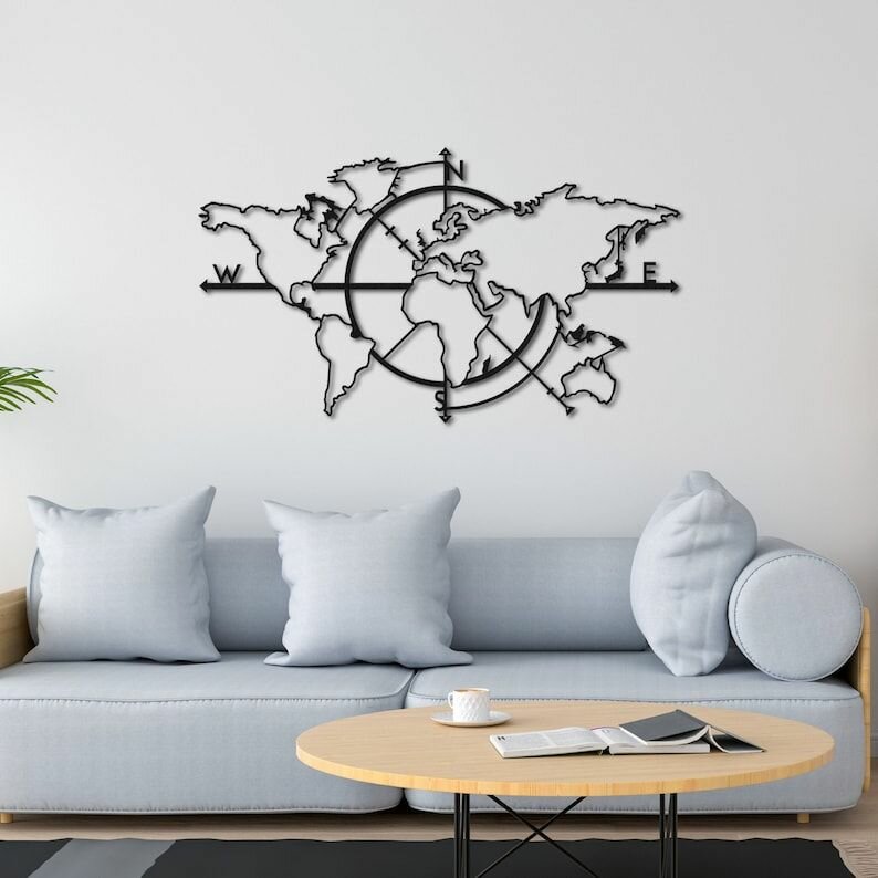 Декоративное металлическое панно, Карта мира с компасом (черный цвет)