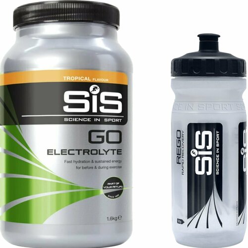 Изотоник SCIENCE IN SPORT (SiS) GO Electrolyte + Бутылочка прозрачная 1 x 1600 г, Тропические фрукты изотоник science in sport sis go electrolyte powder 2 x 1600 г тропические фрукты апельсин