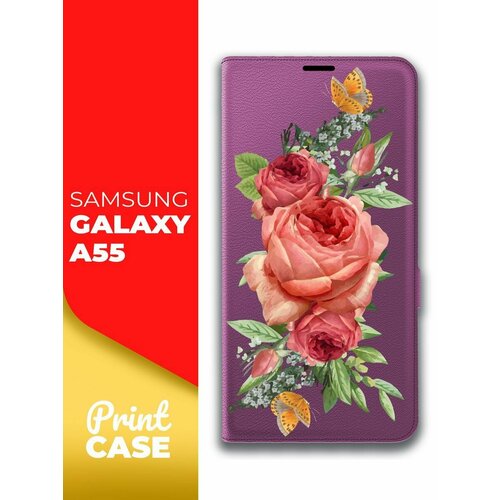 Чехол на Samsung Galaxy A55 (Самсунг Галакси А55) фиолетовый книжка эко-кожа подставка отделение для карт магнит Book case, Miuko (принт) Розовые Розы