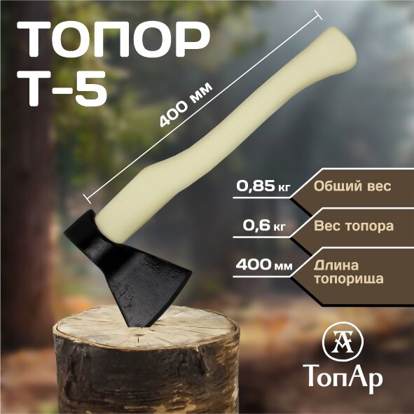 Топор хозяйственный кованый с деревянной рукояткой/ ТопАр 0,6 кг/Топорище 400мм из березы с биозащитным составом/с порошковым покрытием/в сборе A0