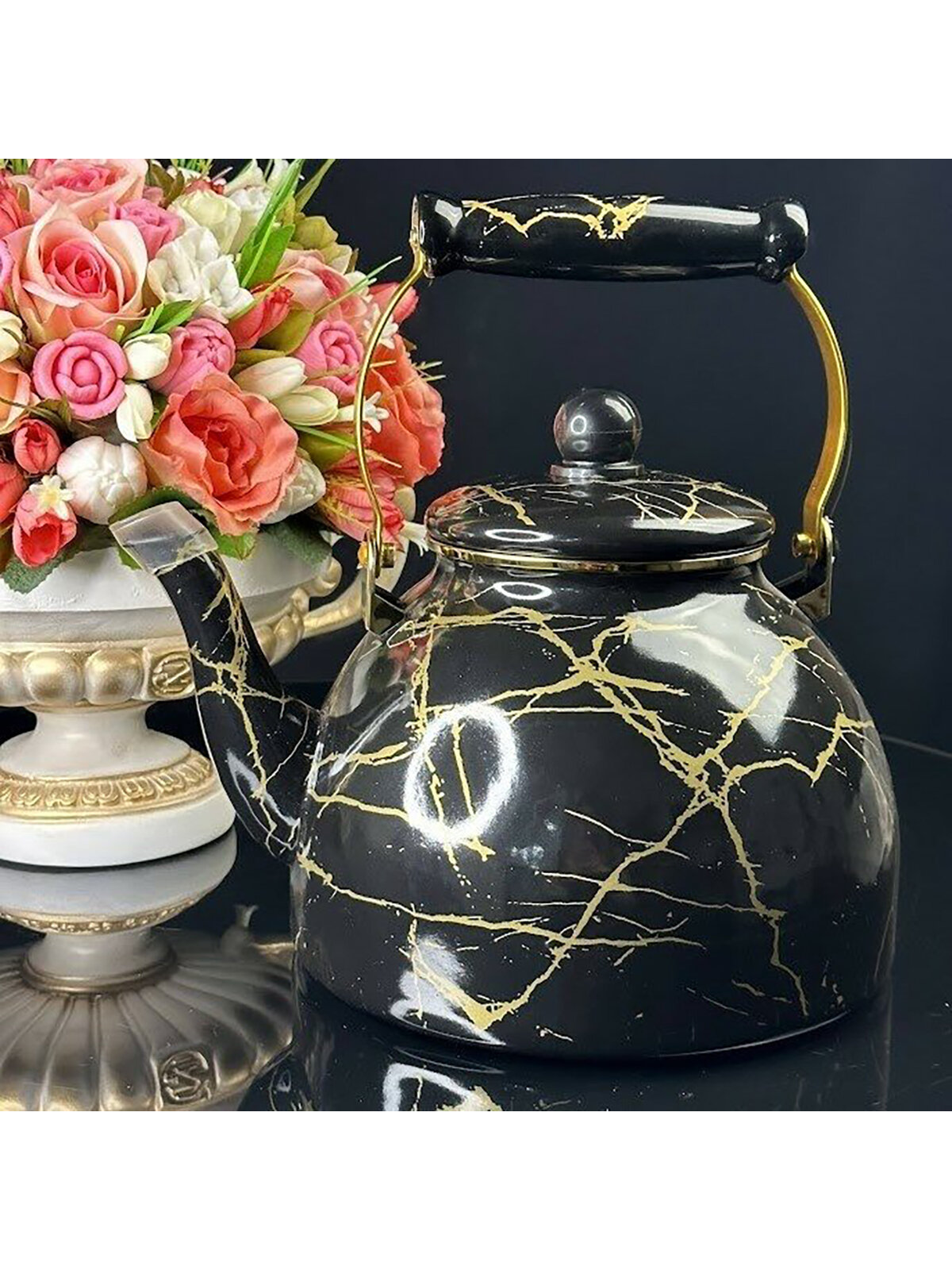 фото Чайник для плиты эмалированная сталь, 4л Lenardi, Черный мрамор