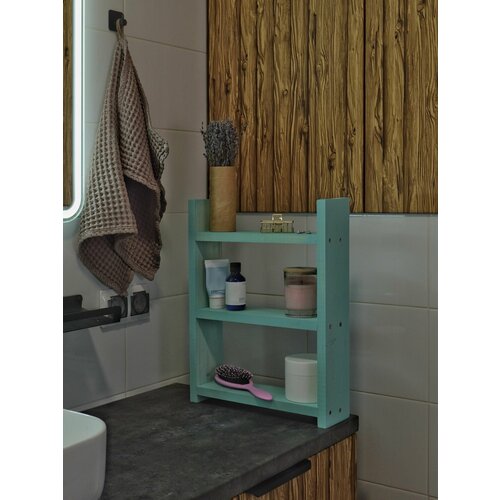 Настольная полка деревянная универсальная голубая с оттенками зеленого, прямая, надстройка, без сверления, размер 35х45х10, 1 шт.