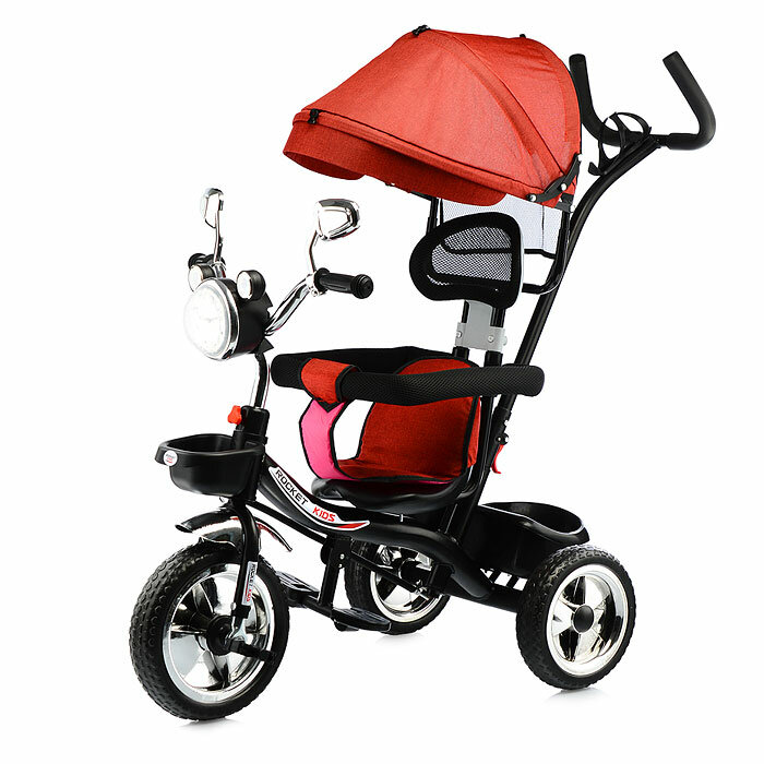 Велосипед трехколесный Oubaoloon красный, с козырьком, две корзины для игрушек, свет, звук (5088)