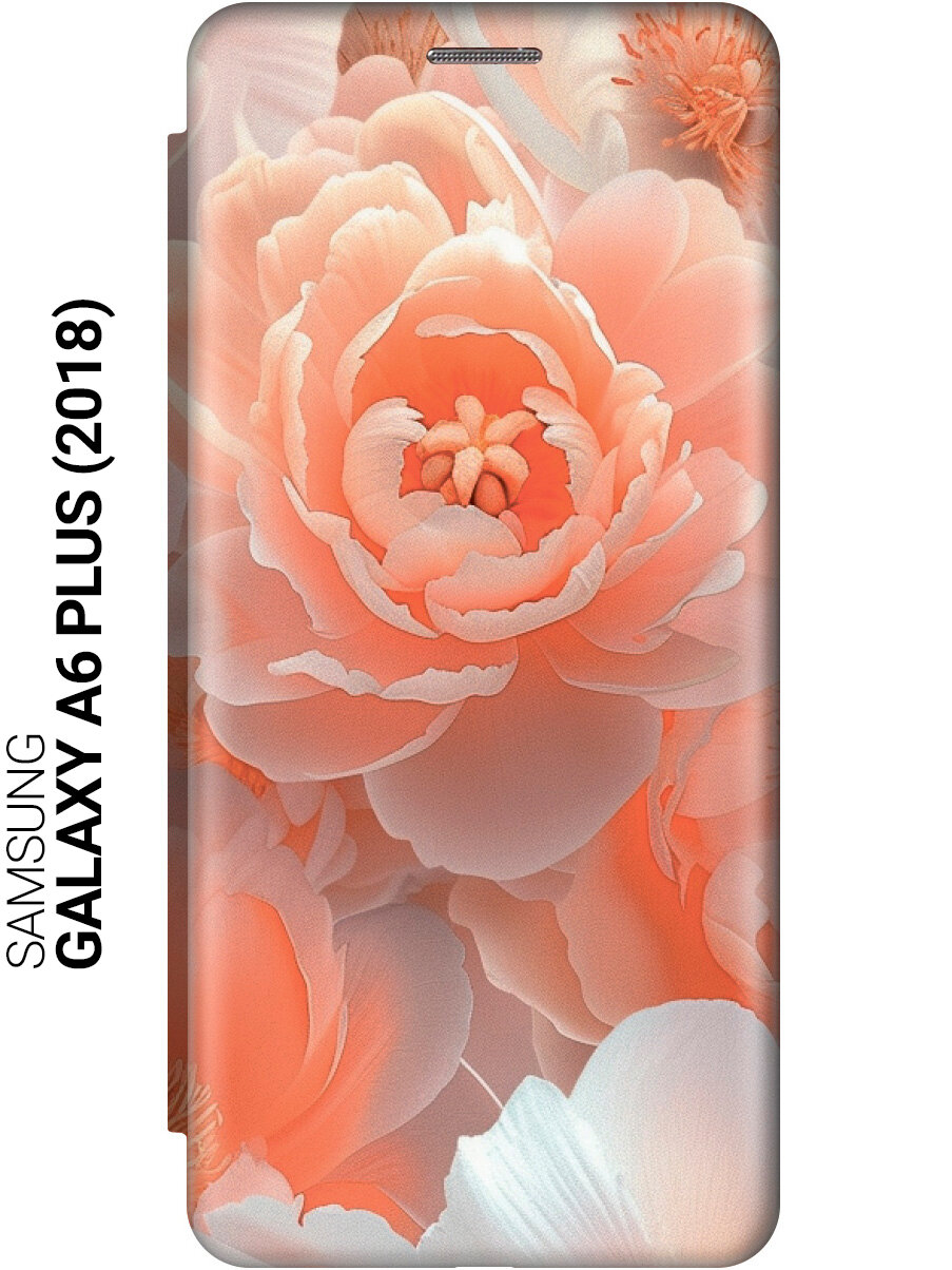 Чехол-книжка на Samsung Galaxy A6+ (2018) с принтом "Персиковые пионы" золотой