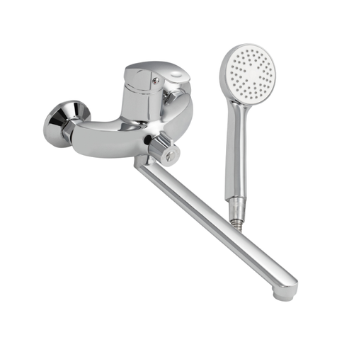 Смеситель в ванную, длинный излив, шаровый, с дивертором на корпусе