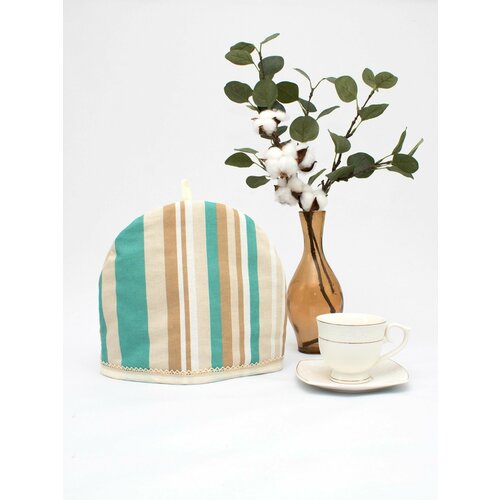 Грелка на чайник с кружевом молочный бирюзовый полоса 399₽