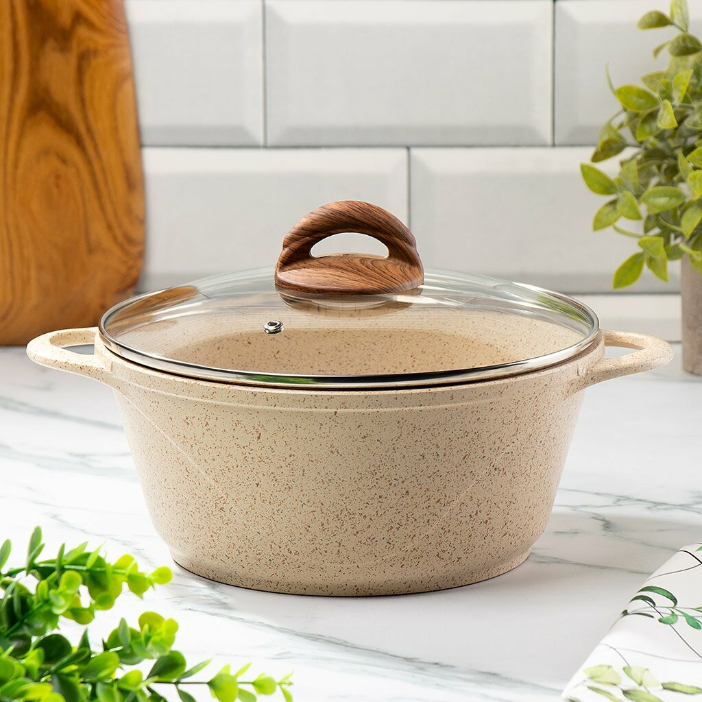 фото Кастрюля алюминий, антипригарное покрытие, 3 л, с крышкой, крышка стекло, круглая, Гурман, Estima, ГМк303 ЭБИ, бежевая, индукция