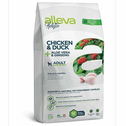 Корм для собак средних пород сухой ALLEVA HOLISTIC ADULT CHICKEN AND DUCK MEDIUM, с курицей и уткой, алое вера и женьшенем, 2 кг