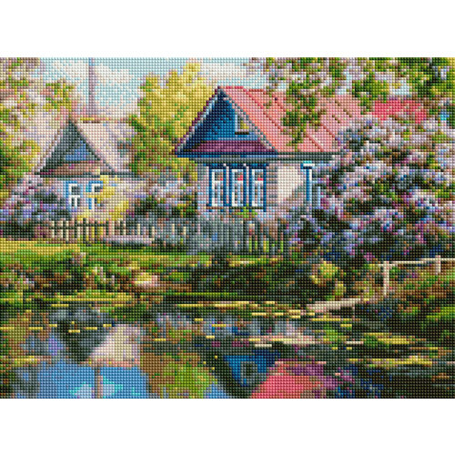 Алмазная мозаика на подрамнике Белосжнежка 30х40 см: Дом у пруда