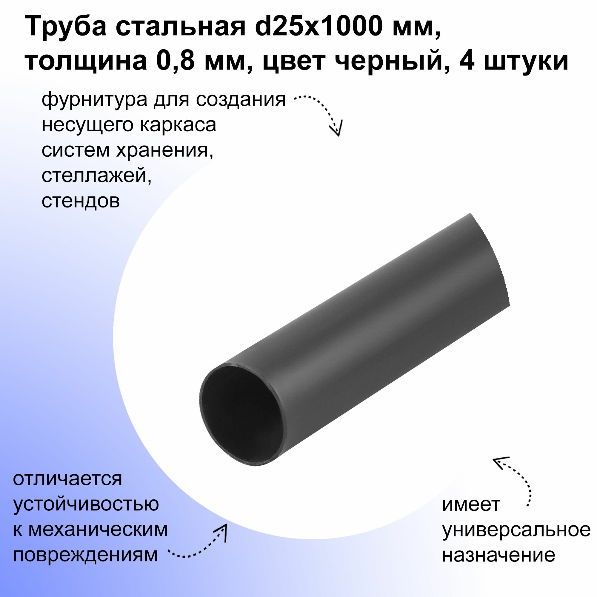 Труба 25х1000 мм толщина 08 мм 4 штуки цвет черный: с круглым сечением и прочной структурой идеально подходит для создания различных объемных конструкций - современные стеллажи стильные витрины