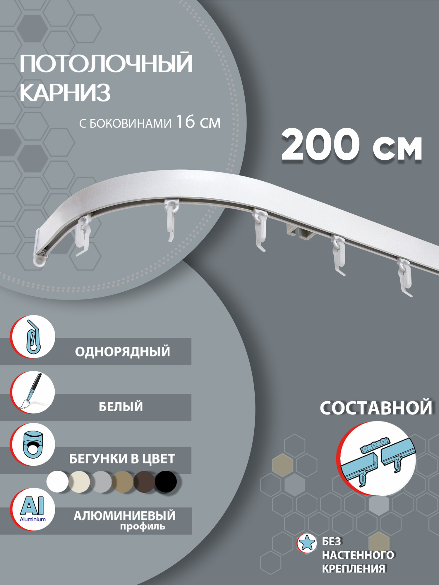 Карниз для штор алюминиевый профильный потолочный однорядный 200 см Белый с боковинами (16см) Составной 2 части