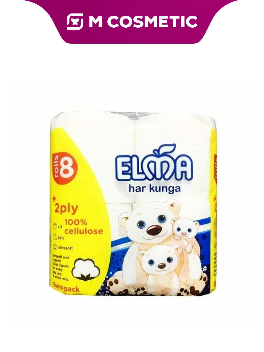 Туалетная бумага Elma "Panda Asian pack", 2-слойная, 8 рулонов