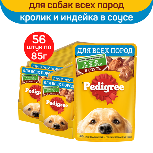 Влажный корм Pedigree, для взрослых собак всех пород, с кроликом и индейкой в соусе, 85г х 56шт